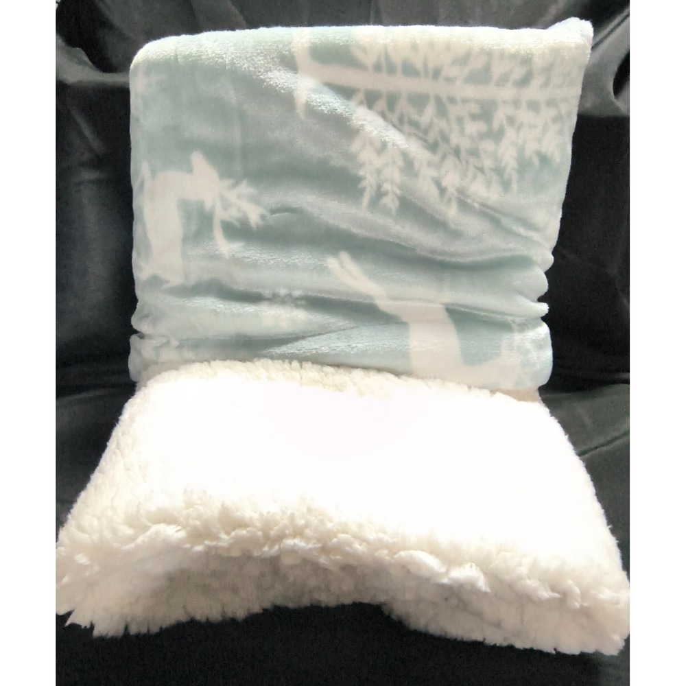 Velvet Berber Soft and Cozy Throw Blanket, Lt Blue with White Deer and Trees
